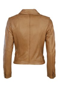 Braune Lederjacke mit taillierter Passform, featuring einen Kragen, sichtbaren Nähten und langen Ärmeln mit Knopfverschluss sowie seitlichen Akzenten.
