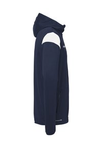 Hoodie marine avec des accents blancs sur les épaules. Comprend une poche zippée et un tissu texturé. Fini lisse avec capuche réglable.