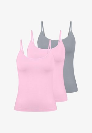 Trois débardeurs pour femmes avec bretelles fines ajustables, deux en rose clair et un en gris, présentés sur un fond blanc.