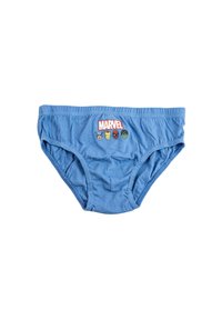 Slip in cotone blu con logo Marvel e design di volti di supereroi, dotati di una vita elastica e una texture morbida.
