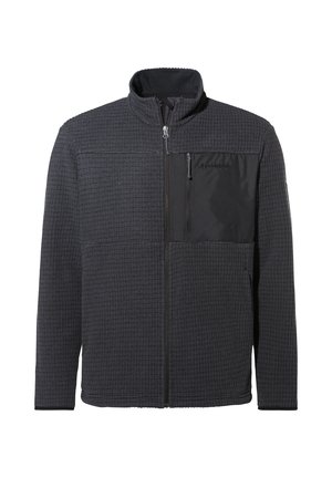 Tamno sivi teksturirani zip-up flisjak s visokim ovratnikom i crnim patentnim zatvaračem na prsnom džepu, na bijeloj pozadini.