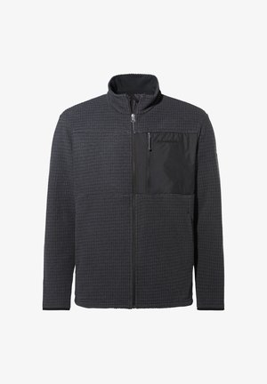 Tamsiai pilkas tekstūruotas zip-up fliso striukė su aukšta apykakle ir juoda užtrauktukine krūtinės kišene ant baltos fono.