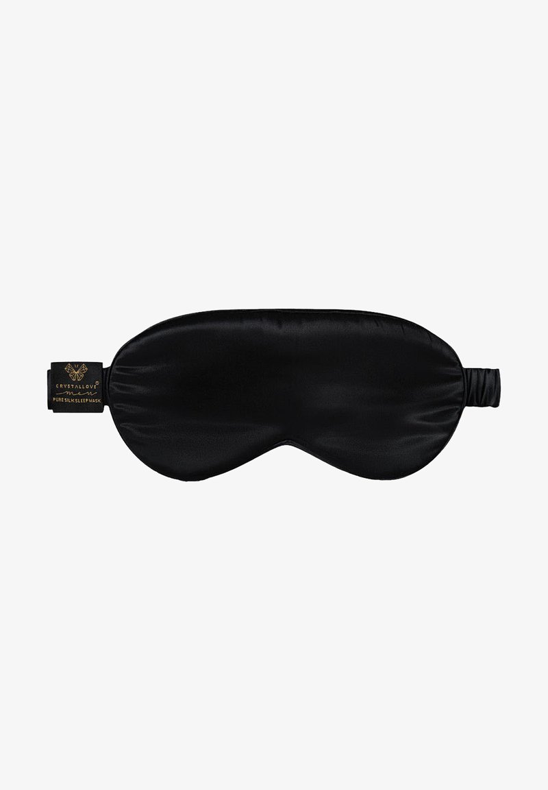 Schwarze Seiden-Schlafmaske mit glatter, glänzender Oberfläche. Verfügt über einen elastischen Riemen und ein Etikett mit goldenen Akzenten auf einer Seite.