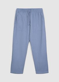 Hellblaue, atmungsaktive Jogginghose mit elastischem Bund, Kordelzug und zwei Vordertaschen, mit lockerer Passform und zulaufendem Bein.
