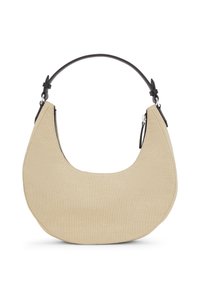 Beige canvas handbag with a curved silhouette, featuring a top black leather handle and a zippered closure for secure access.
