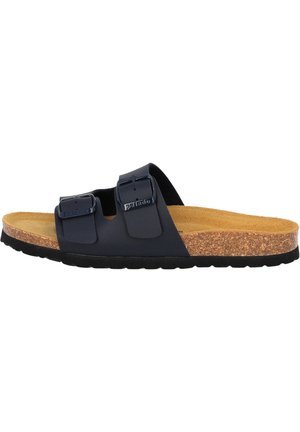 Black slide sandal with two adjustable straps, cork footbed, and durable rubber sole. Features a smooth finish and minimalistic design.