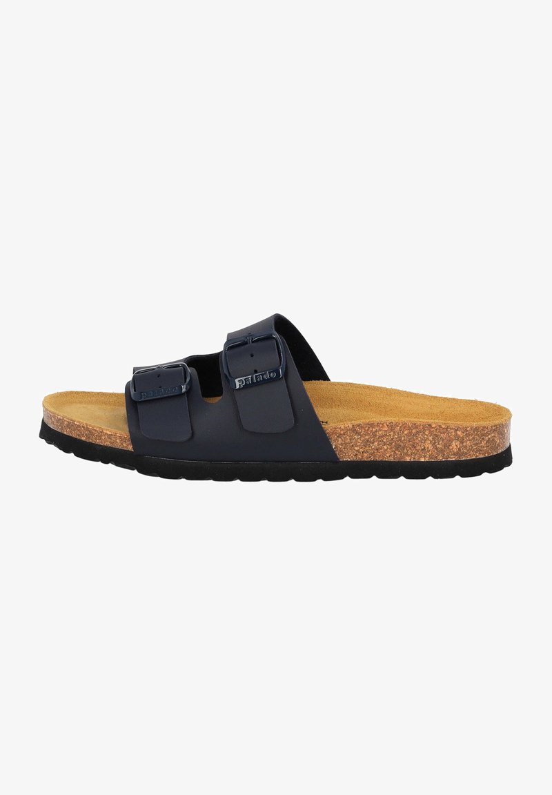 Sort slide-sandal med to justerbare stropper, kork-fodsål og holdbar gummisål. Har en glat overflade og et minimalistisk design.