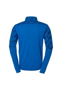 Langærmet blå sportsjakke med høj krave, prydet med sorte abstrakte mønstre på skuldrene og den øverste del af ærmerne. Glat stofstruktur.