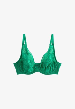 Zeleno čipkasto modrček s cvetličnimi vzorci, mrežastimi detajli in nastavljivimi naramnicami. Mehak material z gladkim satenskim zaključkom na pasu.