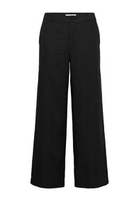 Pantaloni neri in lino a gamba larga con frontale piatto, chiusura con un bottone e tasche laterali. Tessuto leggero con una texture liscia.