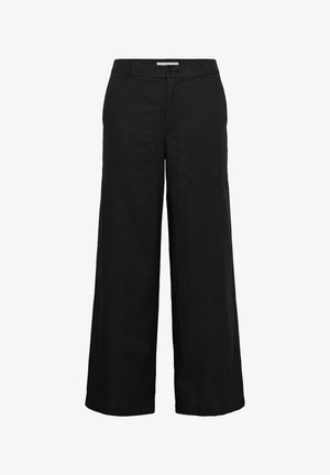 Široké čierne ľanové nohavice s plochým predným dielom, jedným gombíkom a bočnými vreckami. Ľahký materiál s hladkou textúrou.