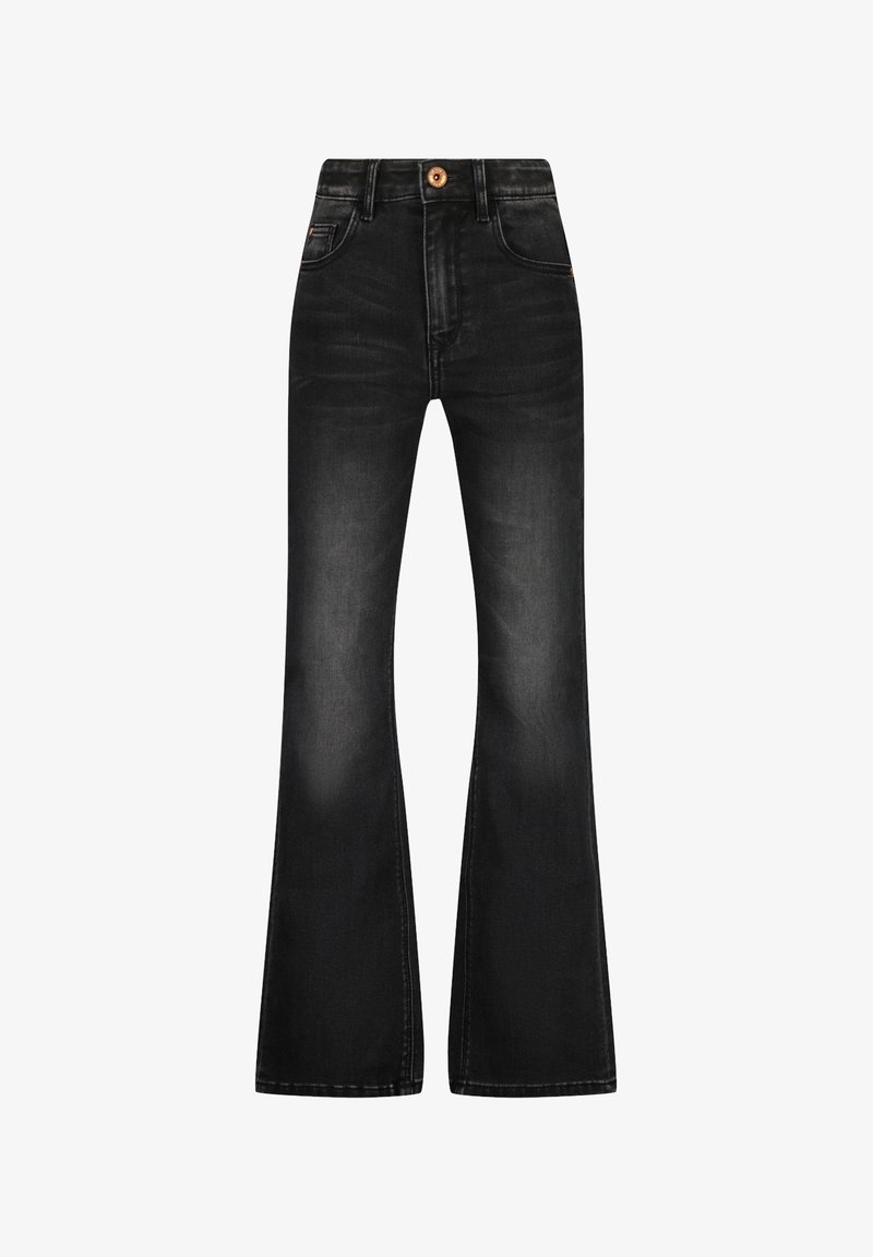 Jean noir taille haute évasé avec détails délavés, style cinq poches, fermeture à bouton et coutures visibles sur fond blanc.