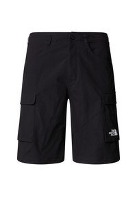 Black cargo shorts with front button, belt loops, side pockets, and The North Face logo on the right leg pocket flap.
