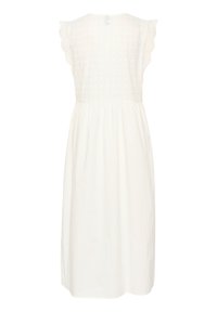 Bílé bezramínkové midi šaty s korzetem z očkované krajky, vlnitými okraji ramen a skládáním v jednoduché sukni.