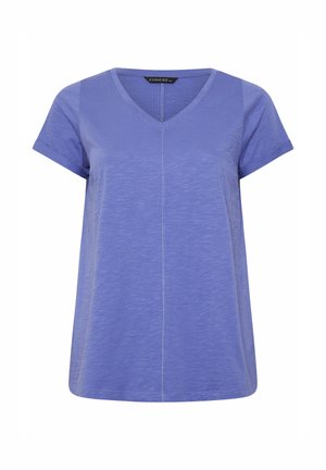 Damen-T-Shirt mit kurzen Ärmeln und V-Ausschnitt in mittlerem Blau mit zentraler Naht und lockerem Sitz.