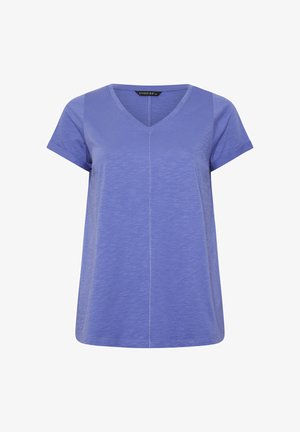 Damen-T-Shirt mit kurzen Ärmeln und V-Ausschnitt in mittlerem Blau mit zentraler Naht und lockerem Sitz.