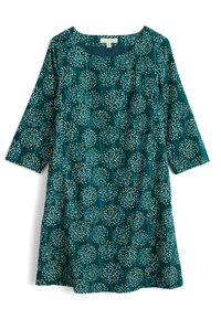 Teal dress with three-quarter sleeves, floral white and green print, round neckline, knee-length design, lightweight fabric, relaxed fit.