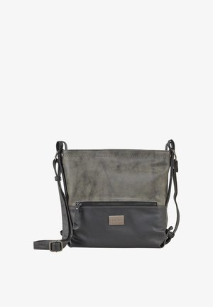 Sac bandoulière bicolore en cuir gris avec une sangle réglable, une poche zippée à l'avant et une plaque de marque en métal sur la partie inférieure.