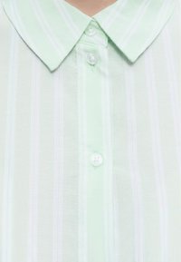 Ανοιχτό πράσινο πουκάμισο με λευκές κάθετες ρίγες, μυτερό γιακά και τρία λευκά κουμπιά στην κεντρική μπροστινή πατιλέτα.