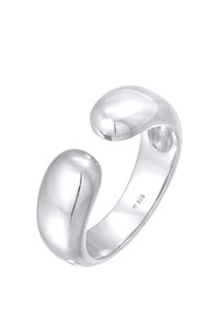 Sølvring med et flydende, buet design. Har en poleret finish, åben ring og er mærket med "925", der angiver sterlingsølv.