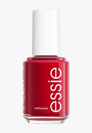 Rote Nagellackflasche mit weißem Verschluss und weißem "essie"-Logo auf dem Glasbehälter.