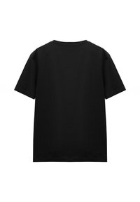 Black short-sleeve t-shirt with a round neckline; made from smooth cotton fabric; solid color with no visible patterns or embellishments.