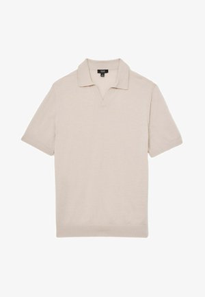 Polo shirt beige chiaro realizzato in tessuto morbido, con maniche corte, colletto a V e dettagli di cucitura discreti.