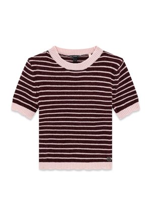 Kurzärmeliges, gestricktes Top mit horizontalen dunkelbraunen und hellrosa Streifen, gerippter Rundhalsausschnitt, Bündchen und Saum mit wellenförmigem Rand.