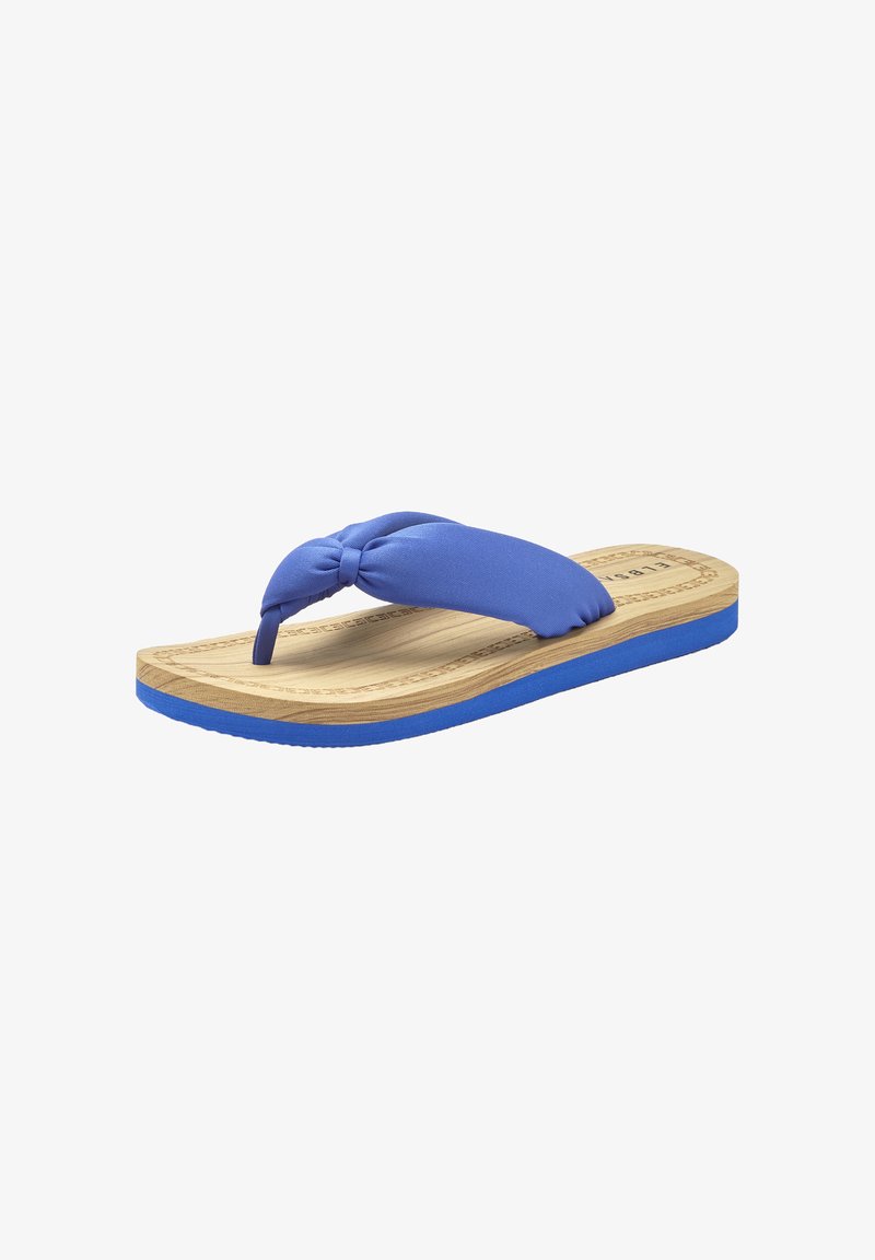 Blue flip-flop featuring a knotted strap, wooden-textured insole, and a blue rubber outsole. Simple design with a smooth finish.