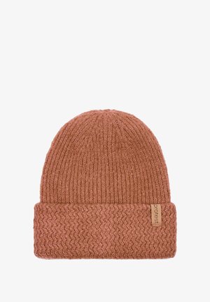 Austis megztas skrybėlė dulkių rožinės spalvos, su pakeltu kraštu, reljefiniu raštu ir mažu rusvo atspalvio žymeniu šone.