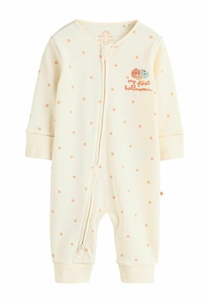 Cream-colored baby romper with orange pumpkin prints, front zipper, and embroidered pumpkins with "my first halloween" text on chest.