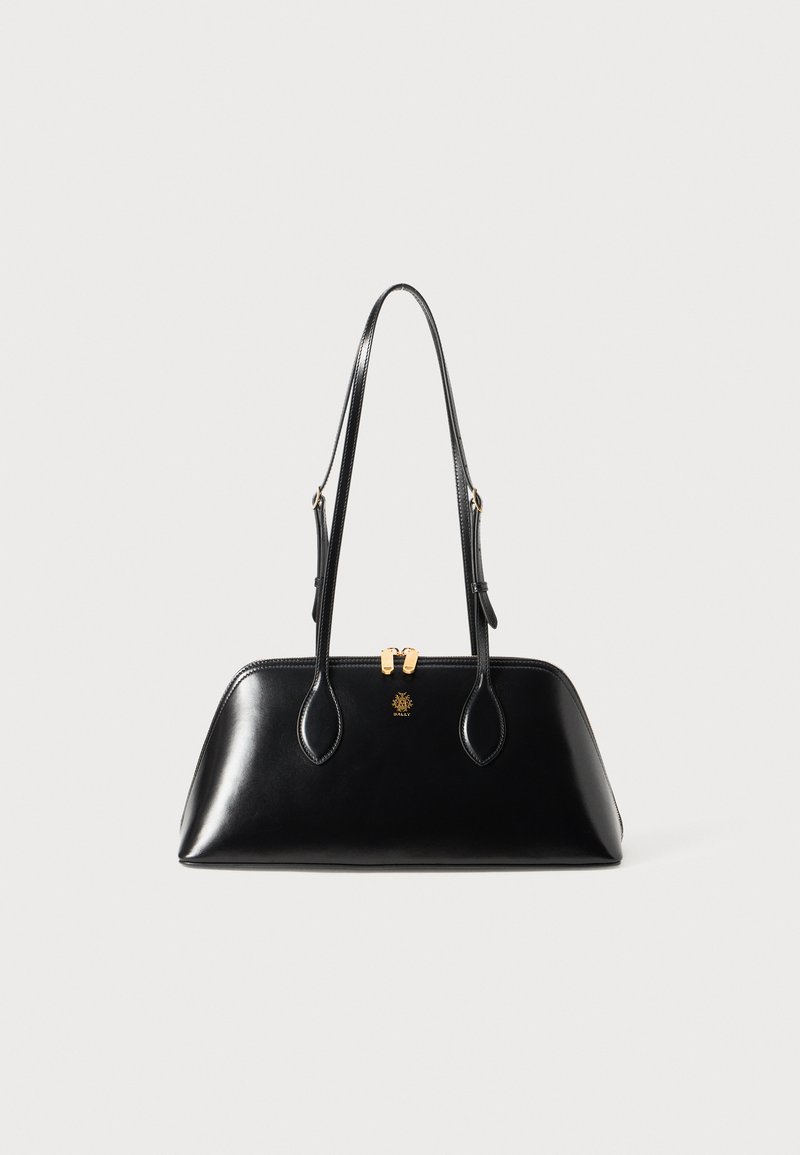 Black leather handbag with a structured shape, dual top handles, gold hardware, and embossed logo on the front. Smooth texture, minimalist design.