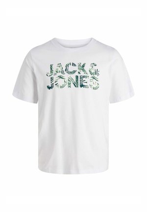 Bijela pamučna majica kratkih rukava s tekstom "JACK & JONES" u jarko zelenom listu u raznolikom rasporedu. Kratki rukavi, okrugli izrez.
