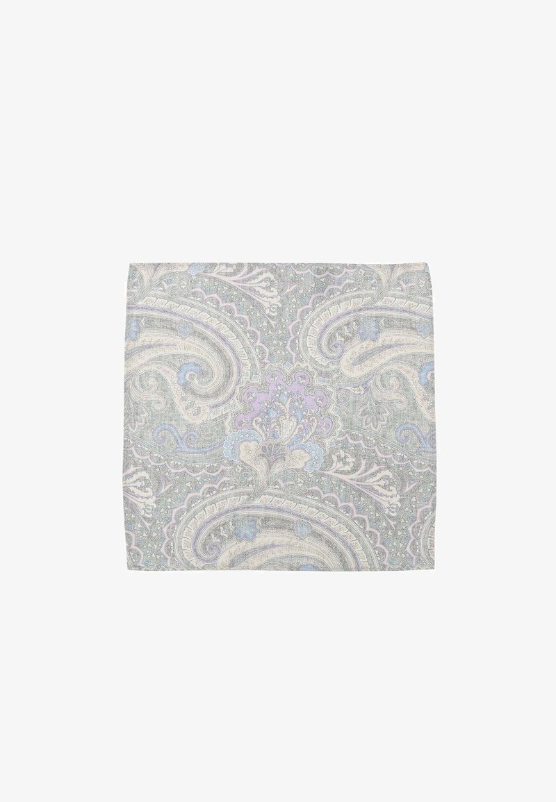 Decorative fabric featuring swirling paisley patterns in soft gray, pale blue, and lilac on a textured background.