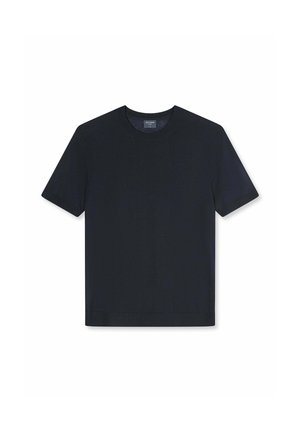 T-shirt nera a maniche corte con scollo girocollo a coste e orlo, distesa su sfondo bianco.