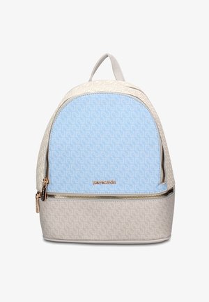 Zainetto piccolo strutturato con pannello frontale azzurro chiaro e lati beige, con cerniere dorate e tessuto a fantasia.