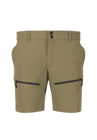 Knälånga shorts i olivgrön, tillverkade av lätt material. Har resårmidja, två fickor med dragkedja och svarta detaljer.