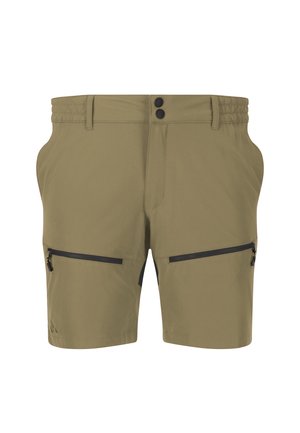 Shorts à mi-cuisse en vert olive, fabriqués dans un tissu léger. Dotés d'une taille élastique, de deux poches zippées et d'accents noirs.