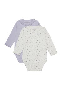 Deux bodys en manches longues : un lavande avec un col volanté, un blanc avec un imprimé floral violet. Les deux ont des fermetures à pression et une délicate bordure en dentelle.