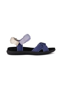 Lippu purppura ja beige, jossa on teksturoidut hihnat, säädettävät kanta- ja nilkkahihnat, musta pohja ja avonainen kärki.