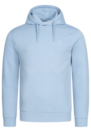 Lyseblå hettegenser laget av blandingsbomull, med kengurulomme, justerbare snorer og en liten logo på brystet.