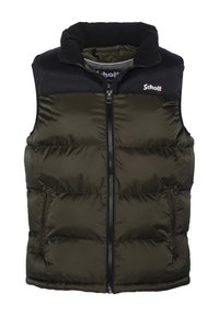 Oliwkowa puchowa kamizelka z wysokim kołnierzem, czarnym akcentem z tkaniny na ramionach, zamek błyskawiczny z przodu i dwiema bocznymi kieszeniami. Logo marki na piersi.