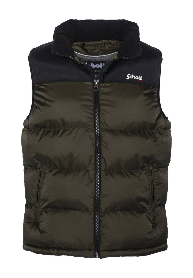 Oliwkowa puchowa kamizelka z wysokim kołnierzem, czarnym akcentem z tkaniny na ramionach, zamek błyskawiczny z przodu i dwiema bocznymi kieszeniami. Logo marki na piersi.