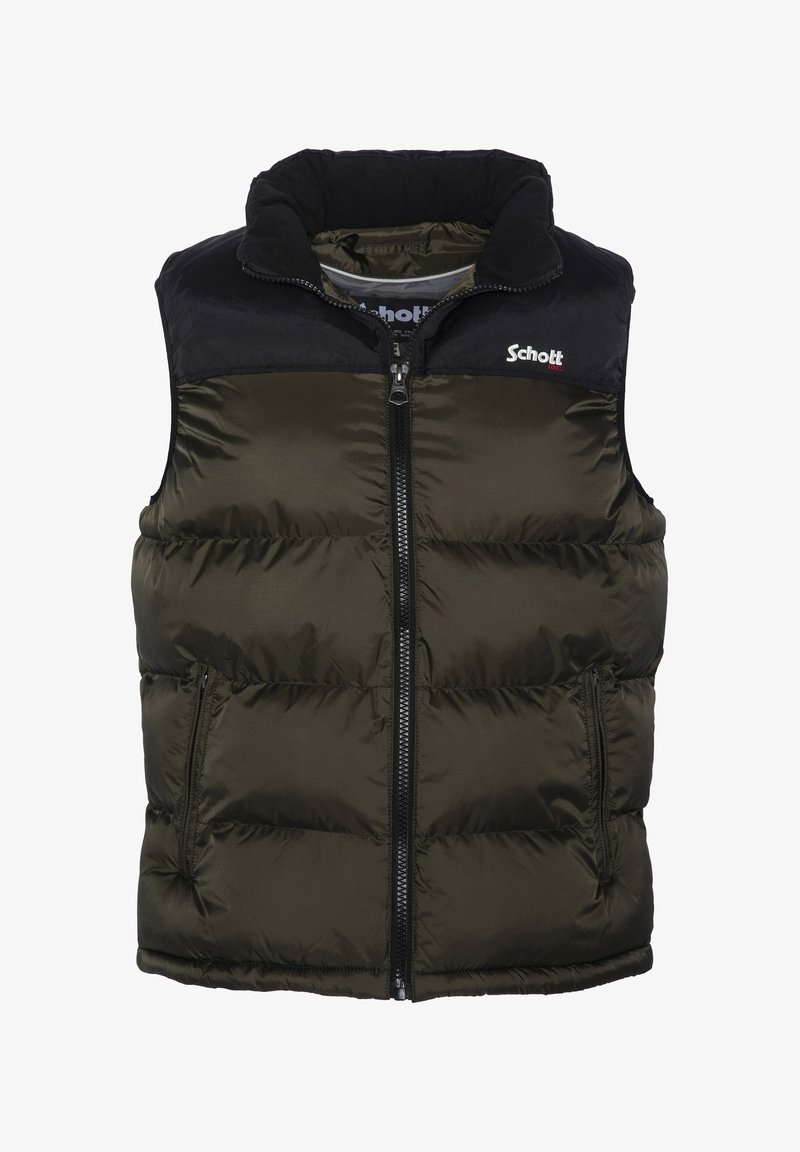 Oliwkowa puchowa kamizelka z wysokim kołnierzem, czarnym akcentem z tkaniny na ramionach, zamek błyskawiczny z przodu i dwiema bocznymi kieszeniami. Logo marki na piersi.