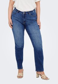 Dark blue denim jeans with a straight leg design, featuring five pockets, a waistband with belt loops, and a classic button and zipper closure.