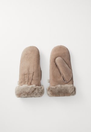 Beige suede mittens with a faux fur cuff, featuring a decorative stitch pattern on the front and a thumb opening on one mitten.