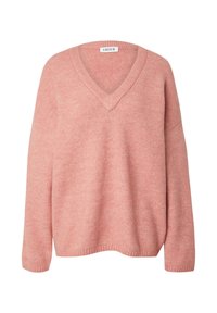 Roze V-hals trui van zachte gebreide stof. Heeft verlaagde schouders, een losse pasvorm en ribgebreide manchetten en zoom voor extra textuur.
