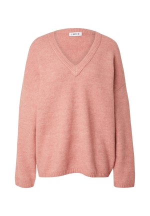 Rosa V-Ausschnitt-Pullover aus weichem Strickstoff. Verfügt über übertief sitzende Schultern, lockere Passform und gerippte Abschlüsse sowie Saum für zusätzliche Textur.