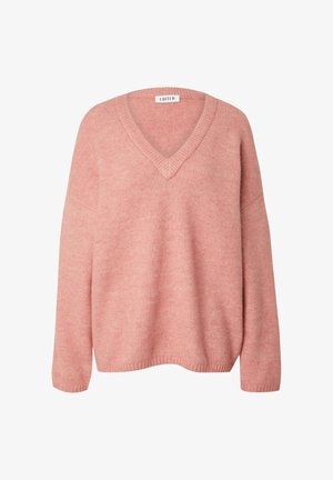 Rosa V-Ausschnitt-Pullover aus weichem Strickstoff. Verfügt über übertief sitzende Schultern, lockere Passform und gerippte Abschlüsse sowie Saum für zusätzliche Textur.