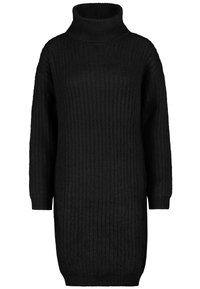 Schwarzes Strick-Turtleneck-Kleid mit langen Ärmeln, gerippter Textur und geradem Schnitt, das eine lockere Silhouette hat und ohne zusätzliche Verzierungen auskommt.
